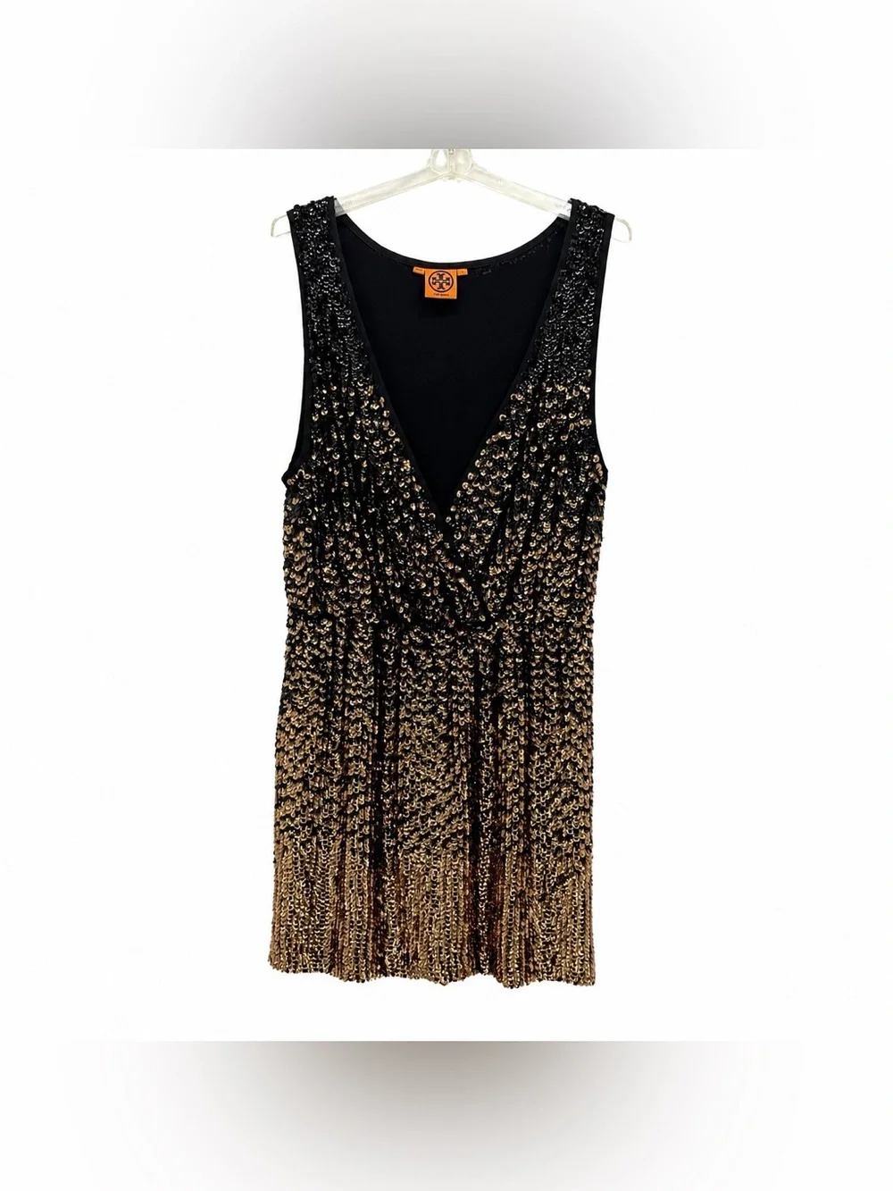 Tory Burch Black Gold Sequin Ombré Sleeveless V-Neck Cocktail Mini Dress SZ-L